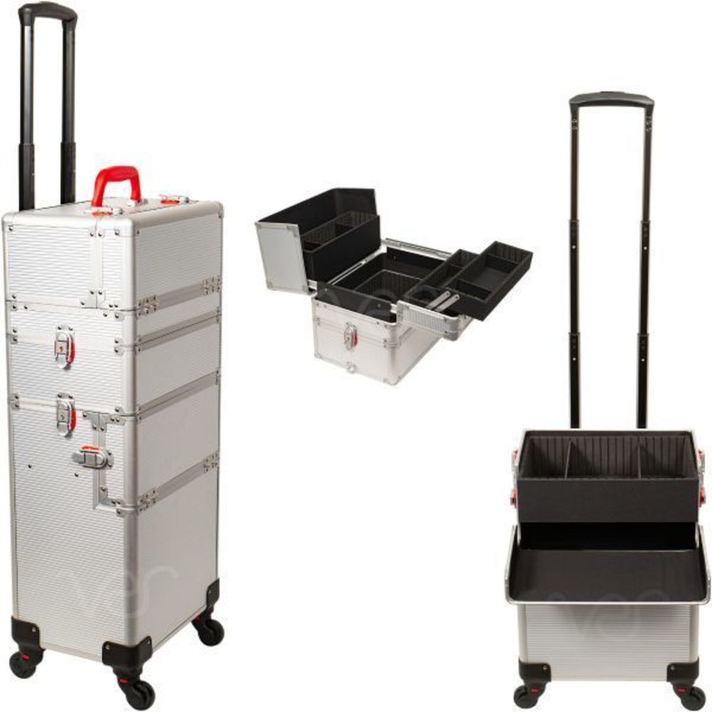 Silver Aluminum Rolling Cosmetics Case with Wheels 3 Stackable Removable Slide T